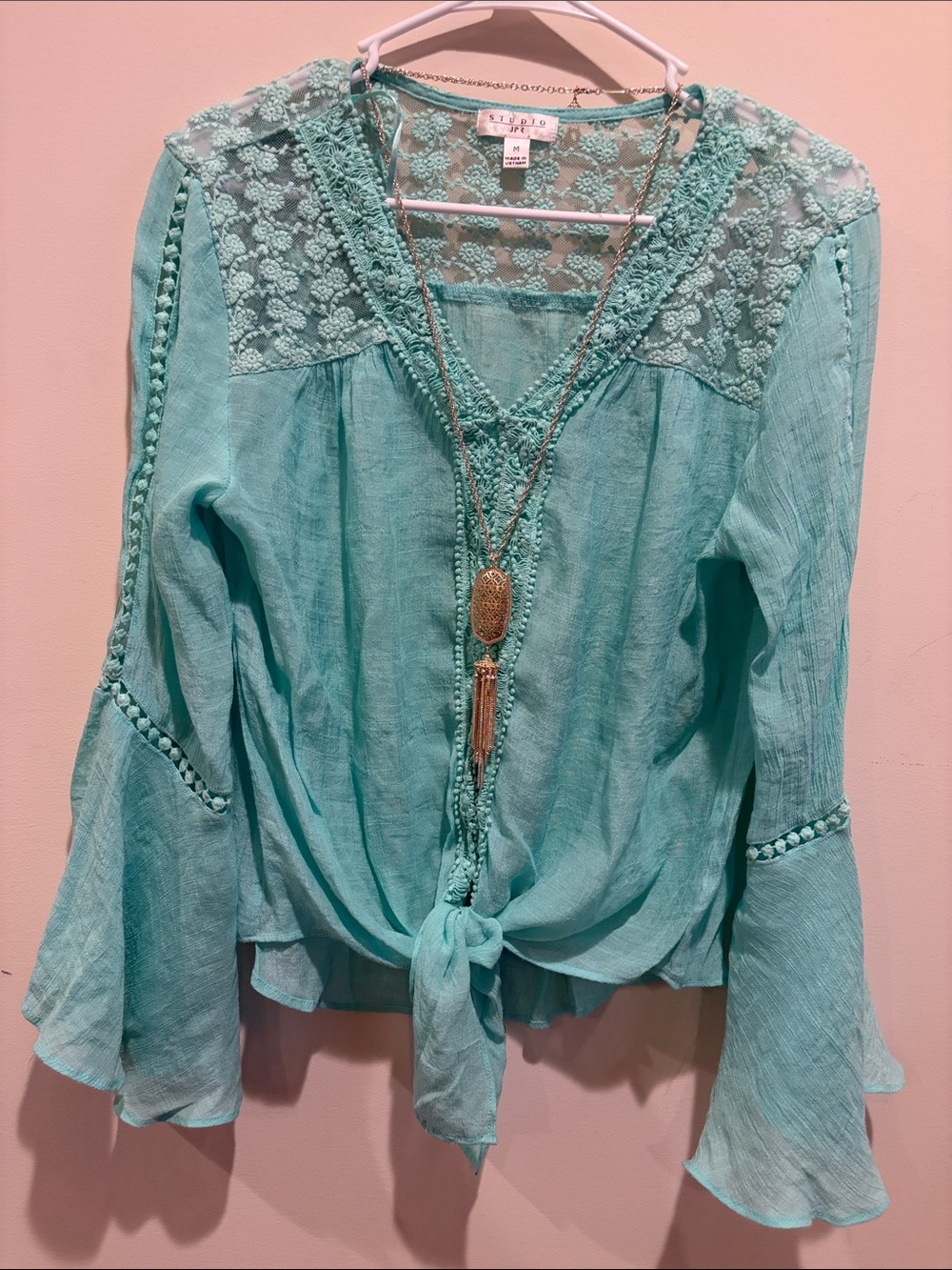 Studio Mint Lace Yoke Tie-Front Blouse